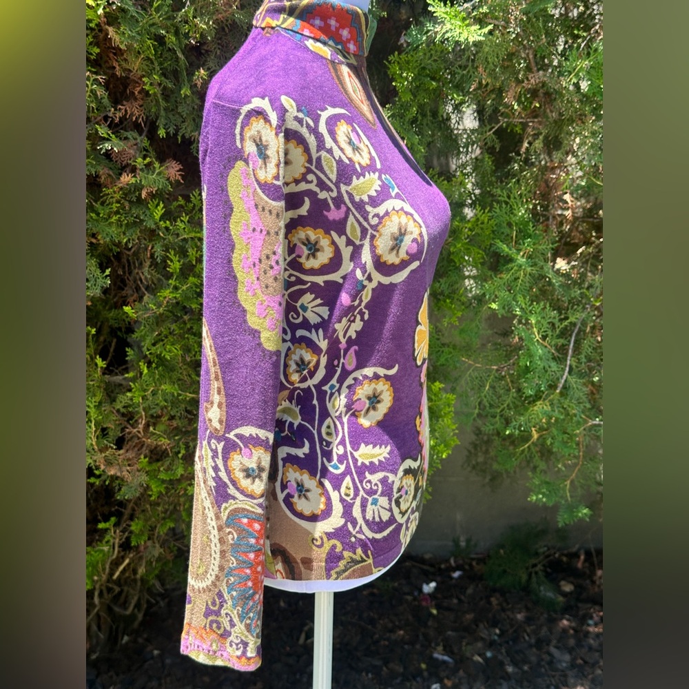 Etro Floral Paisley Printed Purple Fitted Turtleneck Graphic Blouse Size 48 - Picture 2 of 4